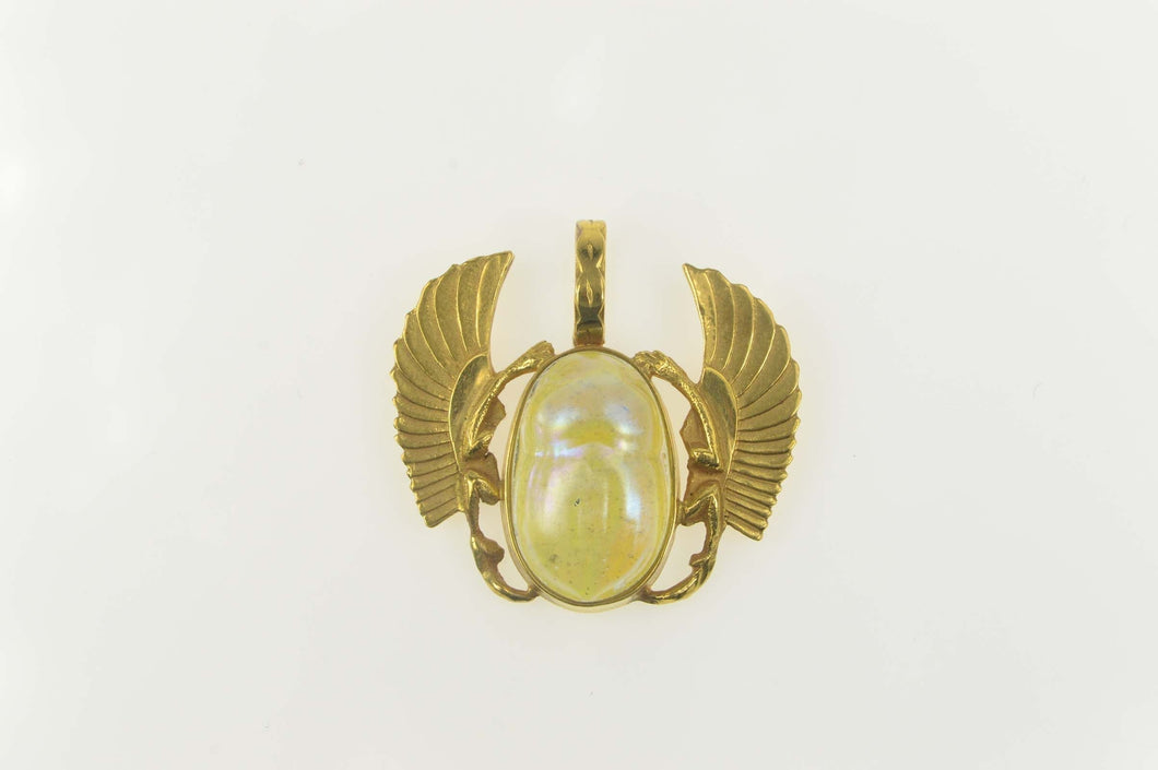 14K Iridescent Glass Scarab Egyptian Life Symbol Pendant Yellow Gold
