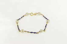 Load image into Gallery viewer, 18K Pearl Blue Enamel Twist Bar Statement Bracelet 7&quot; Yellow Gold