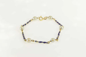 18K Pearl Blue Enamel Twist Bar Statement Bracelet 7" Yellow Gold