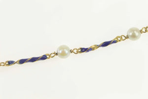 18K Pearl Blue Enamel Twist Bar Statement Bracelet 7" Yellow Gold