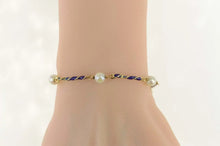 Load image into Gallery viewer, 18K Pearl Blue Enamel Twist Bar Statement Bracelet 7&quot; Yellow Gold