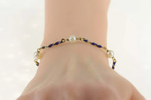 Load image into Gallery viewer, 18K Pearl Blue Enamel Twist Bar Statement Bracelet 7&quot; Yellow Gold