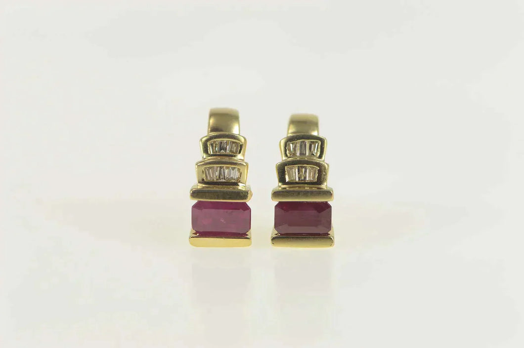 14K 2.00 Ctw Emerald Cut Ruby Diamond Stud Earrings Yellow Gold