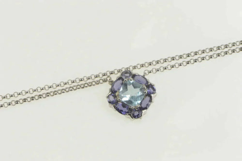 14K 3.30 Ctw Blue Topaz Iolite Squared Cluster Necklace 15.75