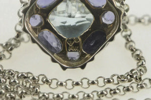 14K 3.30 Ctw Blue Topaz Iolite Squared Cluster Necklace 15.75" White Gold