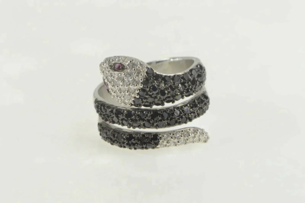 Sterling Silver Pave Black & White CZ Snake Serpent Snake Ring