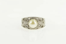 Load image into Gallery viewer, 10K Pearl Filigree Diamond Scroll Engagement Ring White Gold