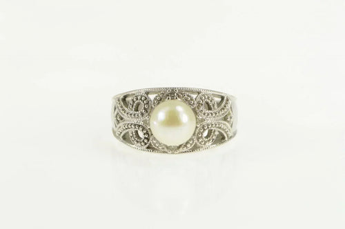 10K Pearl Filigree Diamond Scroll Engagement Ring White Gold