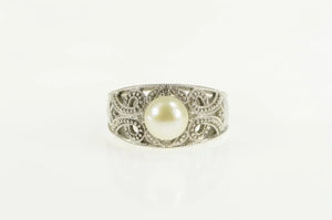 10K Pearl Filigree Diamond Scroll Engagement Ring White Gold