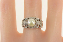 Load image into Gallery viewer, 10K Pearl Filigree Diamond Scroll Engagement Ring White Gold