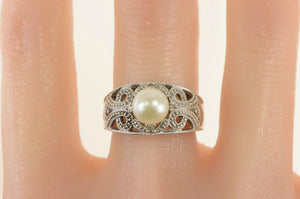 10K Pearl Filigree Diamond Scroll Engagement Ring White Gold