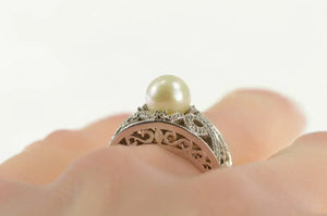 10K Pearl Filigree Diamond Scroll Engagement Ring White Gold