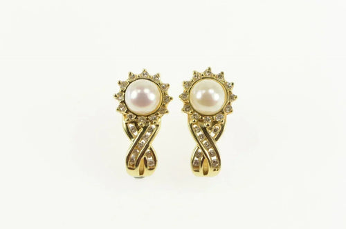 14K Pearl Diamond Halo Classic Statement Earrings Yellow Gold