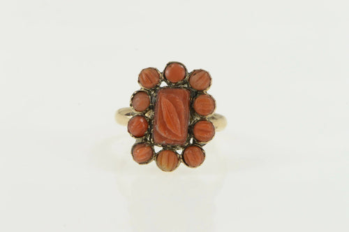 14K Ornate Victorian Carved Coral Halo Cocktail Ring Yellow Gold