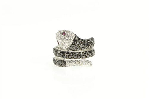 Sterling Silver Pave Black White CZ Syn. Ruby Snake Serpent Ring