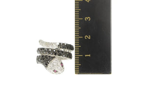 Sterling Silver Pave Black White CZ Syn. Ruby Snake Serpent Ring