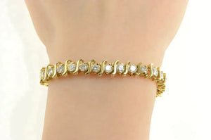 14K 6.50 Ctw Diamond Scroll Wavy Curvy Tennis Bracelet 7" Yellow Gold
