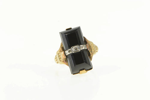 10K Art Deco Black Onyx Diamond Ornate Statement Ring Yellow Gold