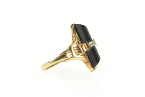 10K Art Deco Black Onyx Diamond Ornate Statement Ring Yellow Gold