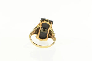 10K Art Deco Black Onyx Diamond Ornate Statement Ring Yellow Gold