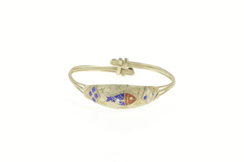Silver Enamel Fish Design Child's Adjustable Bangle Bracelet 4.75-5.75