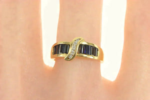 14K Baguette Sapphire Diamond Wavy Statement Ring Yellow Gold