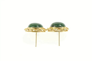 14K Round Malachite Cabochon Ornate Retro Stud Earrings Yellow Gold