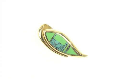 14K Ray Tracey Knifewing Turquoise Navajo Leaf Pendant Yellow Gold