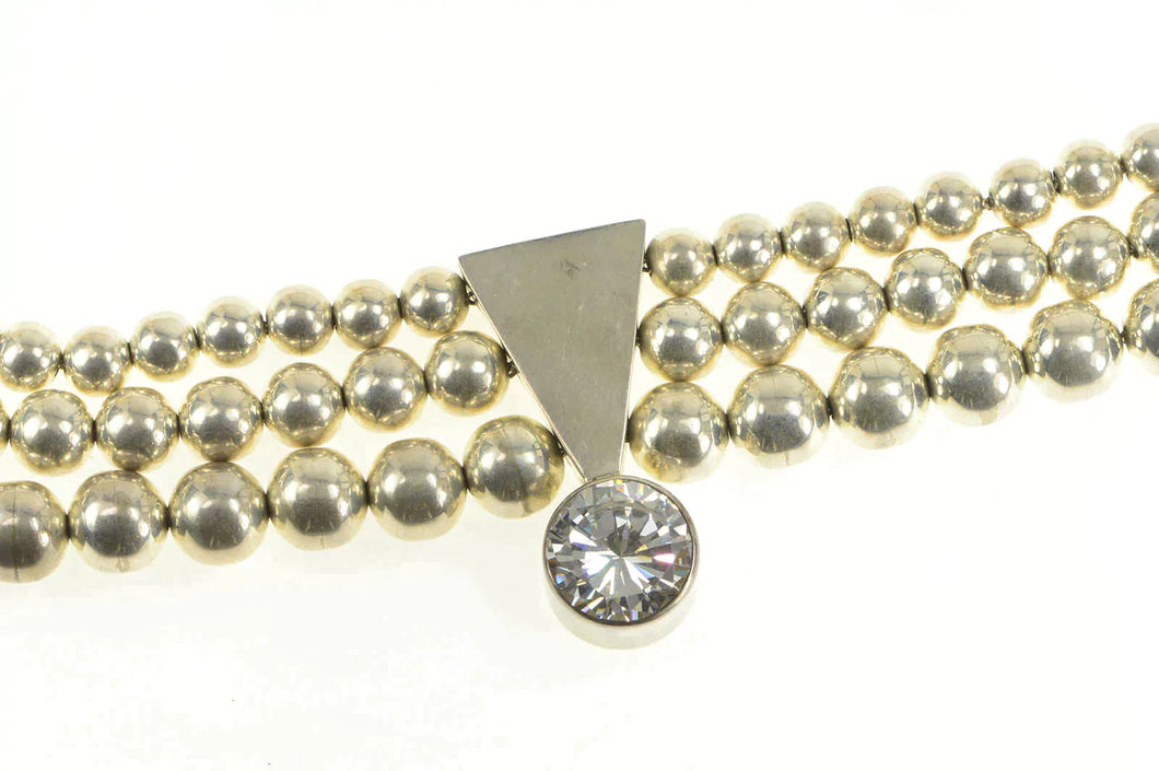 Sterling Silver 35.5mm Tiered Round Beaded Geometric CZ Necklace 15