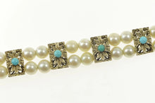 Load image into Gallery viewer, 18K Pearl Turquoise Beaded Flower Statement Bracelet 6.25&quot; White Gold