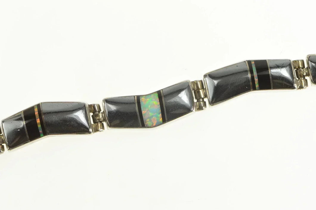 Sterling Silver S Tso Navajo Hematite Onyx Opal Zig Zag Bracelet 6.75