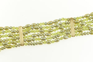 14K Green Pearl Beaded Tiered Chain Bar Accent Bracelet 6.75" Yellow Gold