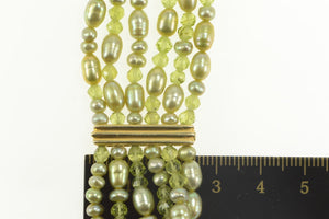 14K Green Pearl Beaded Tiered Chain Bar Accent Bracelet 6.75" Yellow Gold