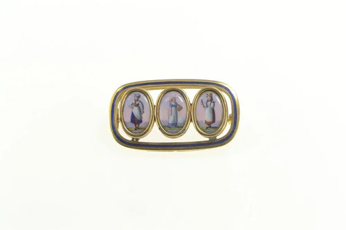 14K Swiss Ceramic Painted Ladies Enamel Pin/Brooch Yellow Gold