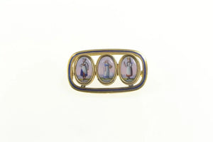 14K Swiss Ceramic Painted Ladies Enamel Pin/Brooch Yellow Gold