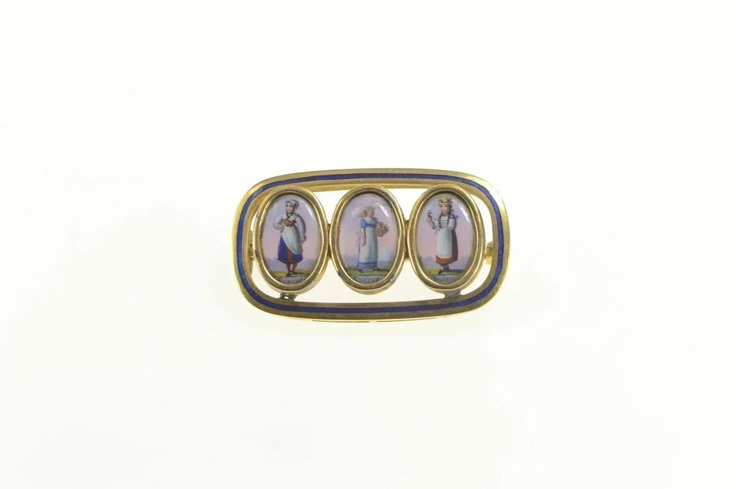 14K Swiss Ceramic Painted Ladies Enamel Pin/Brooch Yellow Gold