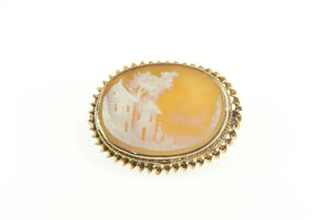 10K Carved Farmhouse Scene Oval Cameo Pendant/Pin Yellow Gold