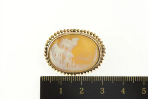 10K Carved Farmhouse Scene Oval Cameo Pendant/Pin Yellow Gold