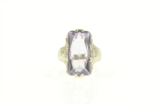 14K Art Deco Amethyst Filigree Statement Ring White Gold
