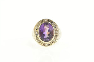 14K Art Deco Amethyst Diamond Halo Etched Ring Yellow Gold