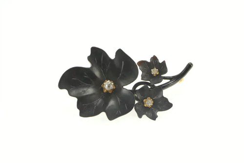 14K Black Bakelite Diamond Leaf Cluster Retro Pin/Brooch Yellow Gold