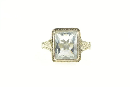 18K Art Deco Emerald Cut Aquamarine Filigree Ring Yellow Gold