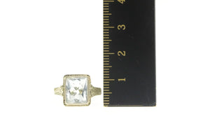 18K Art Deco Emerald Cut Aquamarine Filigree Ring Yellow Gold