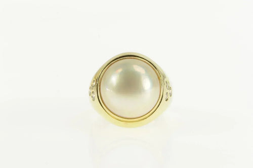 14K Retro Pearl Diamond Flush Accent Cocktail Ring Yellow Gold