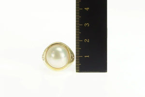 14K Retro Pearl Diamond Flush Accent Cocktail Ring Yellow Gold