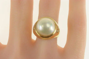 14K Retro Pearl Diamond Flush Accent Cocktail Ring Yellow Gold