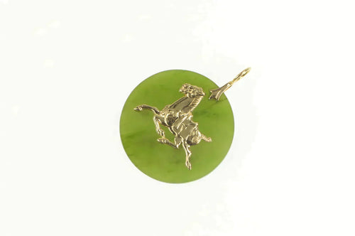 14K 31.9mm Jade Galloping Horse Overlay Medallion Pendant Yellow Gold