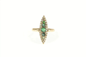 14K Victorian Marquise Emerald Seed Pearl Navette Ring Yellow Gold