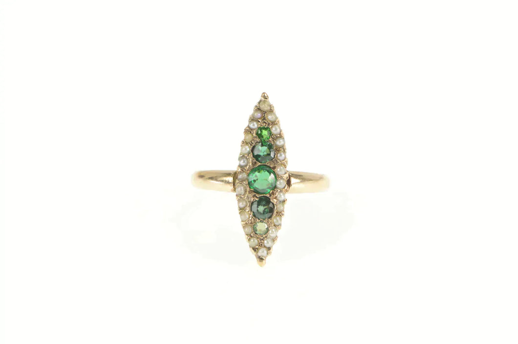 14K Victorian Marquise Emerald Seed Pearl Navette Ring Yellow Gold