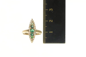 14K Victorian Marquise Emerald Seed Pearl Navette Ring Yellow Gold